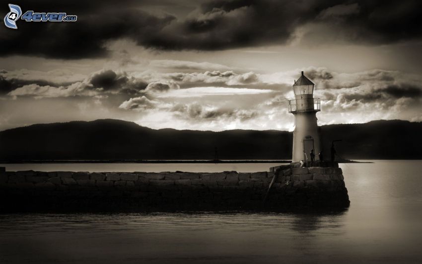 lighthouse, dam, lake, mountain, sepia