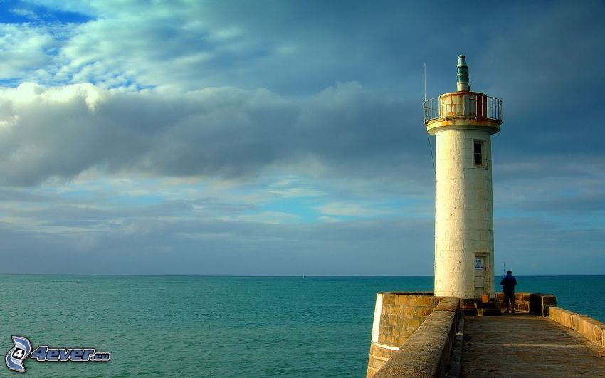 lighthouse, sea, clouds