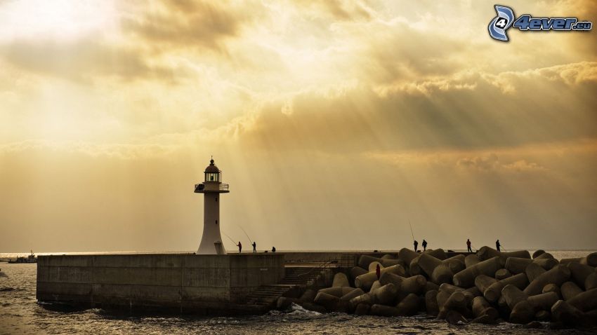 lighthouse, sea, sunbeams, sky