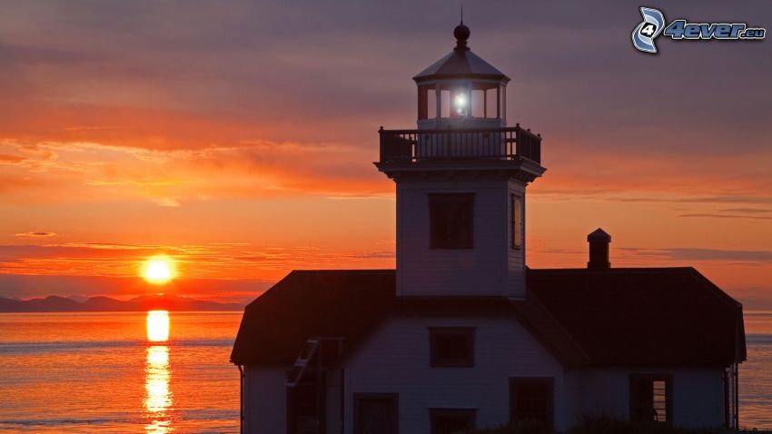 lighthouse at sunset, sea