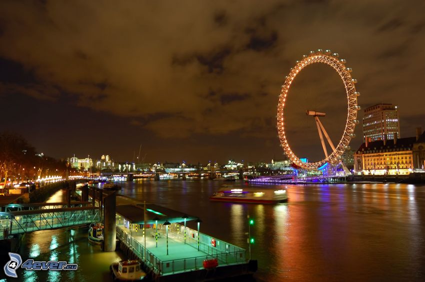 London Eye, Thames, River, night city