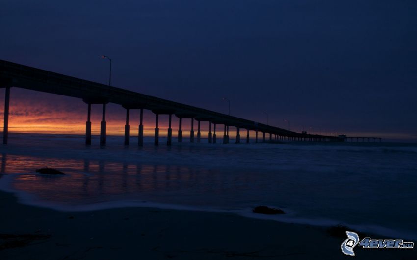 long pier, sea, night