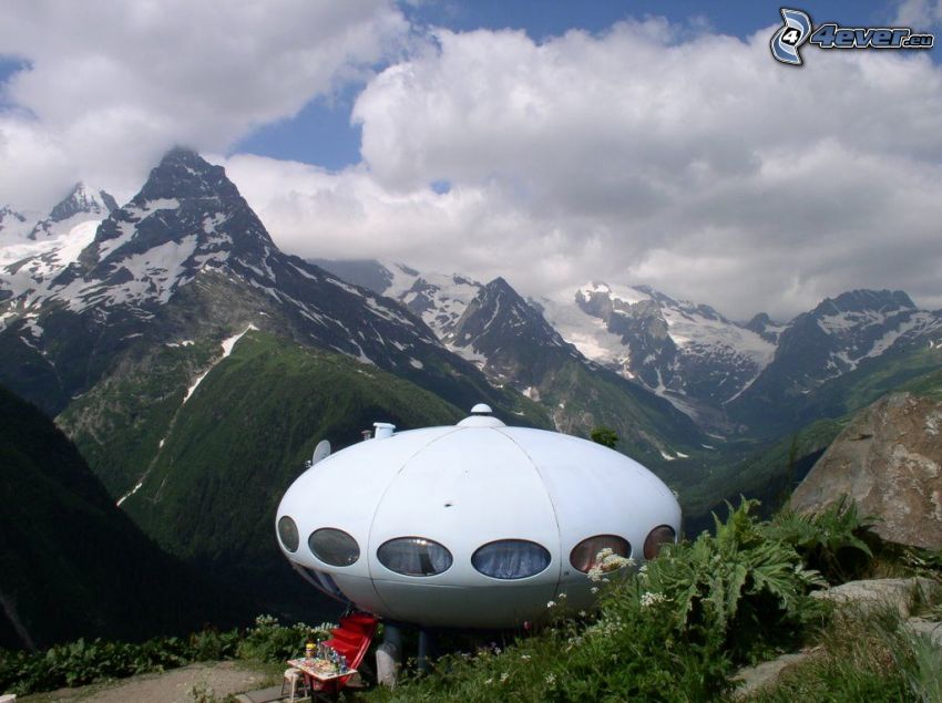 mobile accommodation, rocky mountains, snowy mountains, UFO