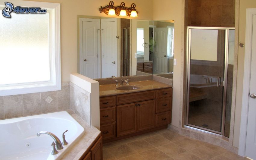 bathroom, wash basin, mirror, bath, Lamp, window