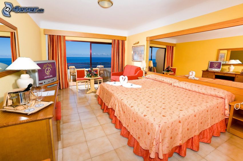 bedroom, double bed, the view of the sea