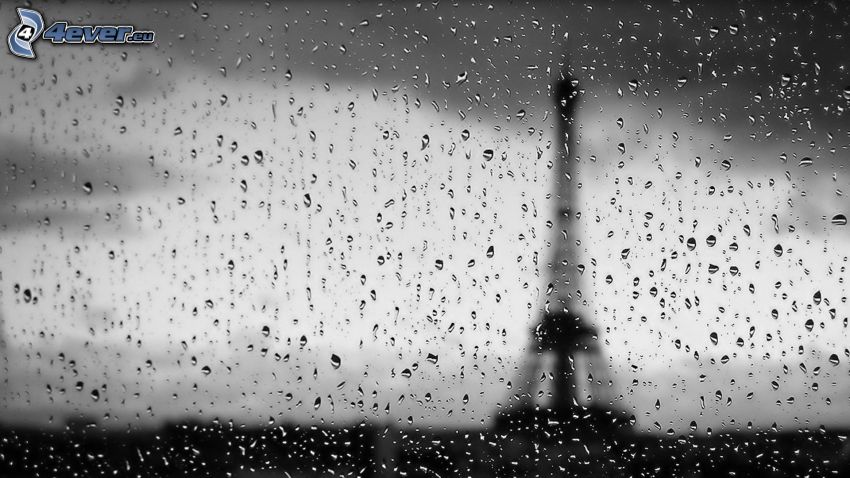 Eiffel Tower, drops of water, glass