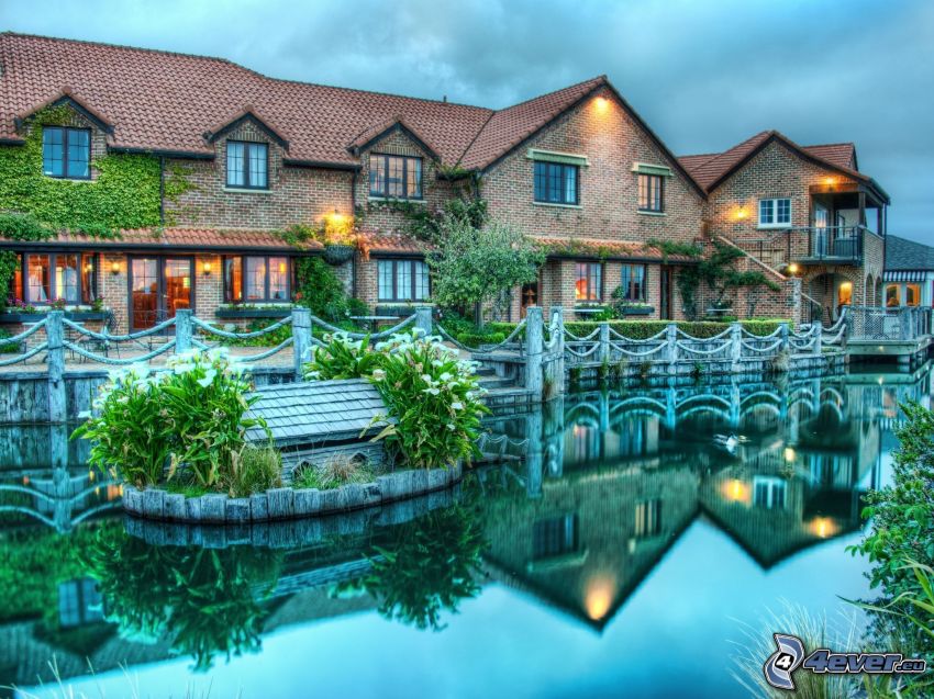 house at the river, reflection, HDR