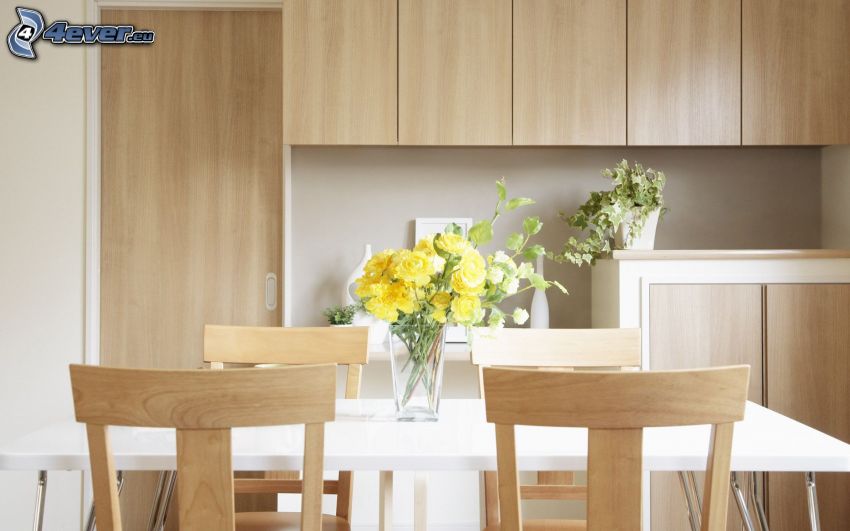kitchen, flowers in a vase, table, chairs