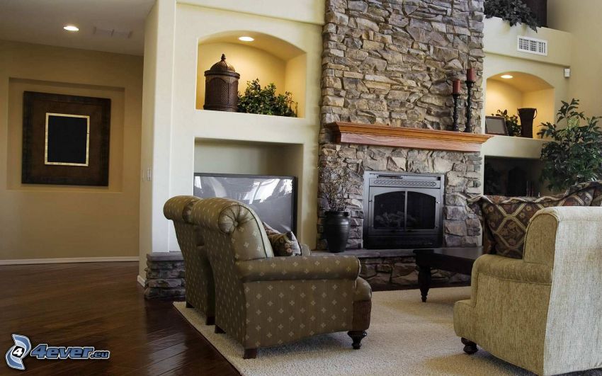 living room, fireplace, chairs