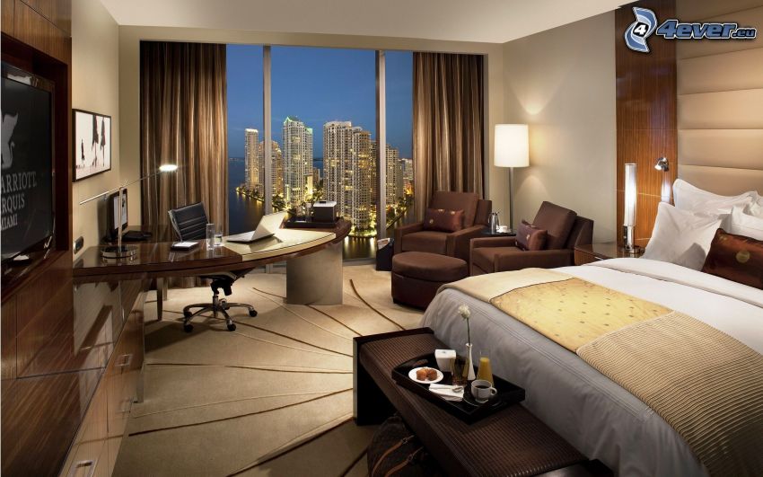 luxurious living room, bedroom, bed, view of the city