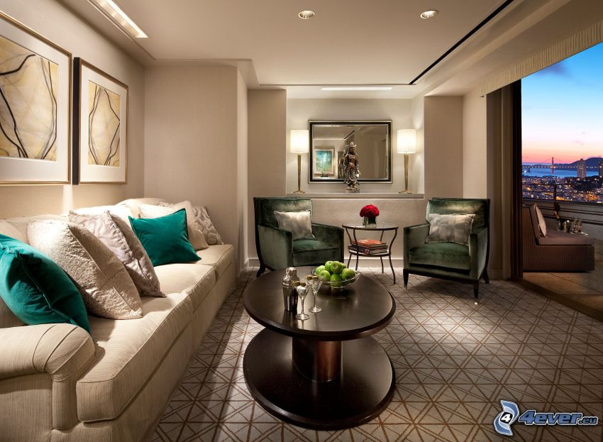 luxurious living room, sofa, chairs
