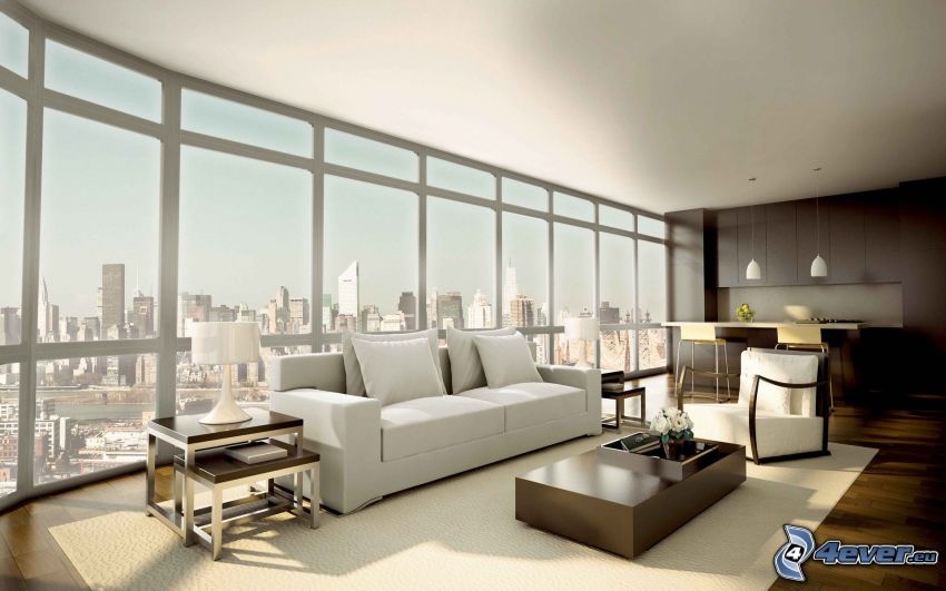 luxurious living room, sofa, view of the city