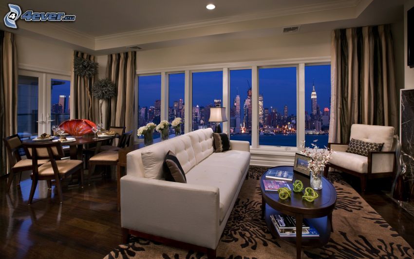 luxurious living room, view of the city