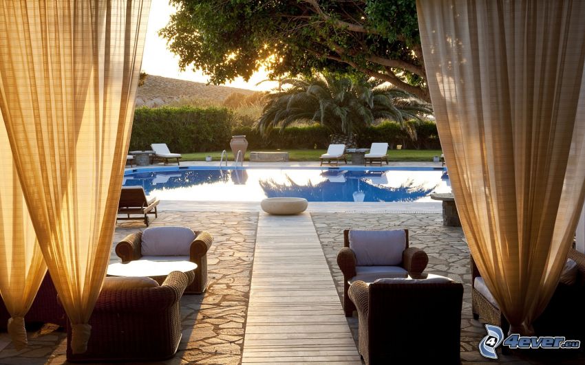 luxury house, pool, chairs