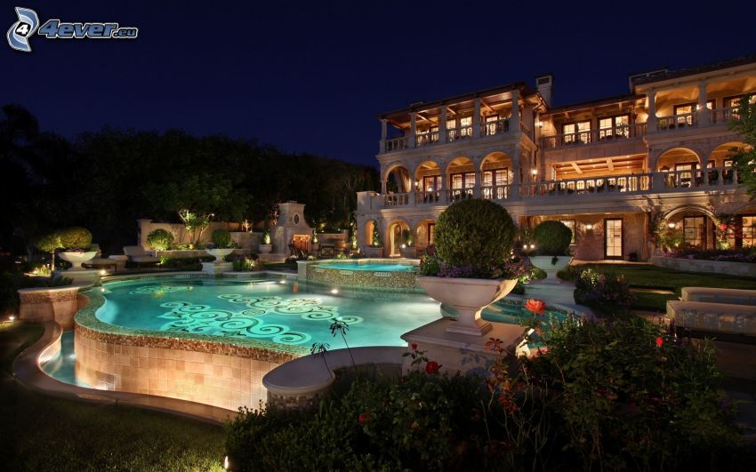 luxury house, pool, night