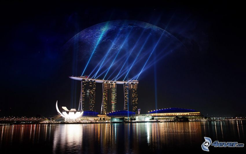 Marina Bay Sands, Singapore, lights, dark sea