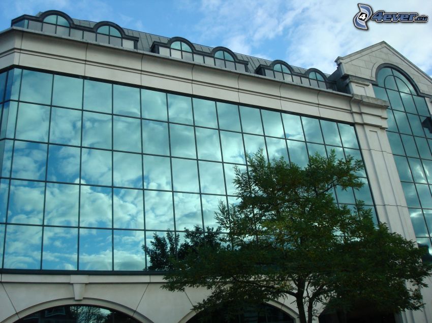 modern building, reflection, mirror, sky
