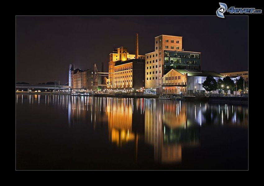 the old factory, houses, River, night, lighting, reflection