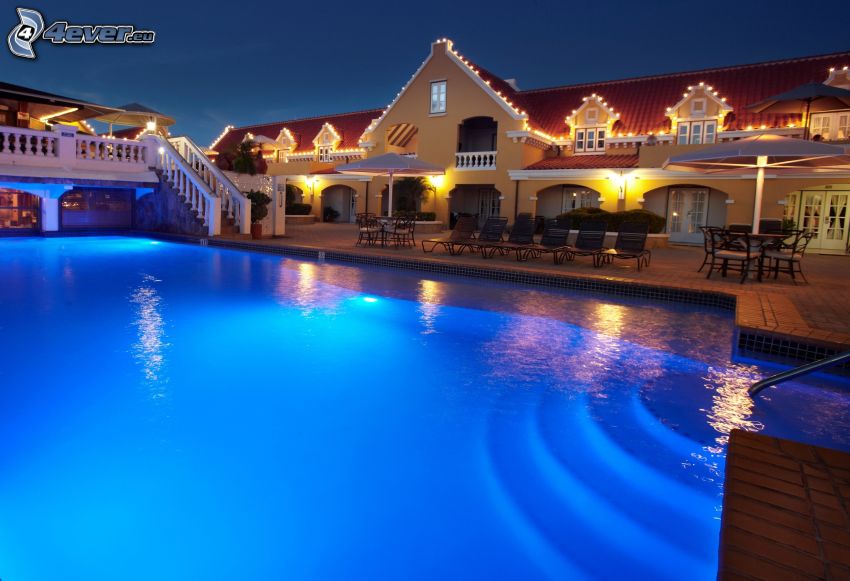 villa, pool, evening