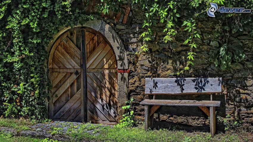 old door, gate, bench, brick wall, ivy