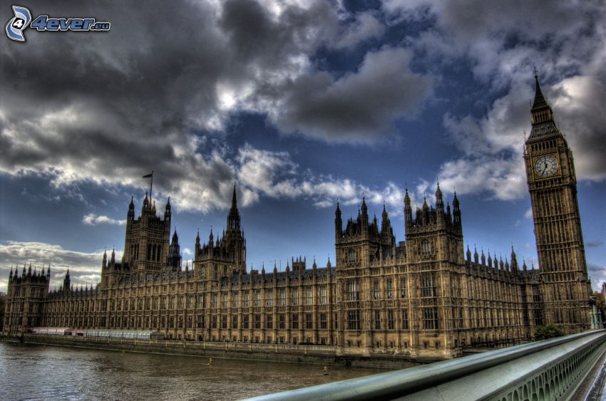 Palace of Westminster, the British parliament, Big Ben, clouds, HDR