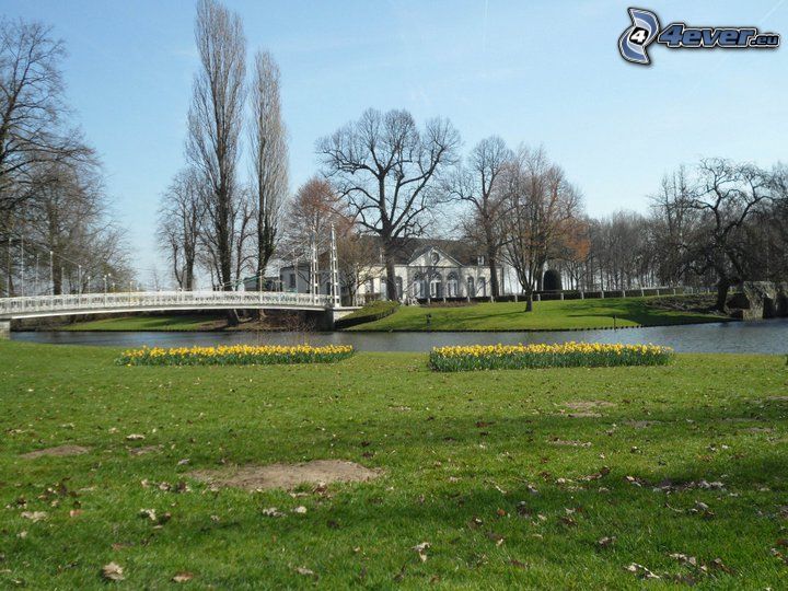 Cortewalle, Belgium, park, pedestrian bridge, River