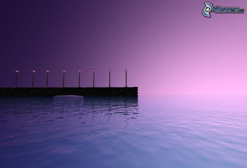 pier, lighting, sea, purple sky