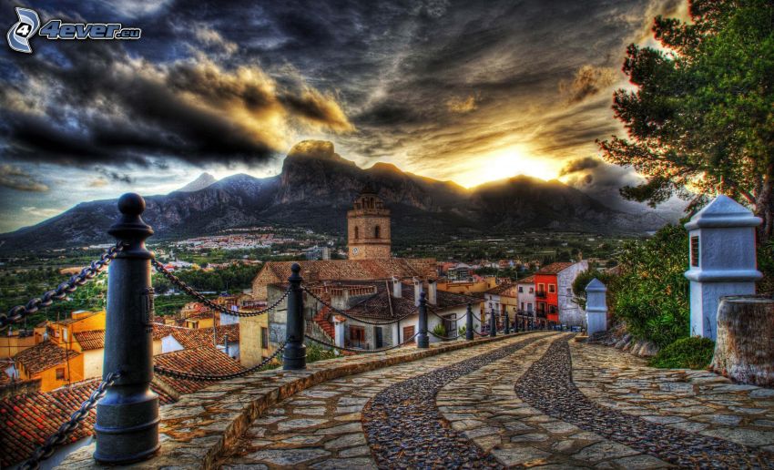 road, pavement, houses, rocks, clouds, HDR