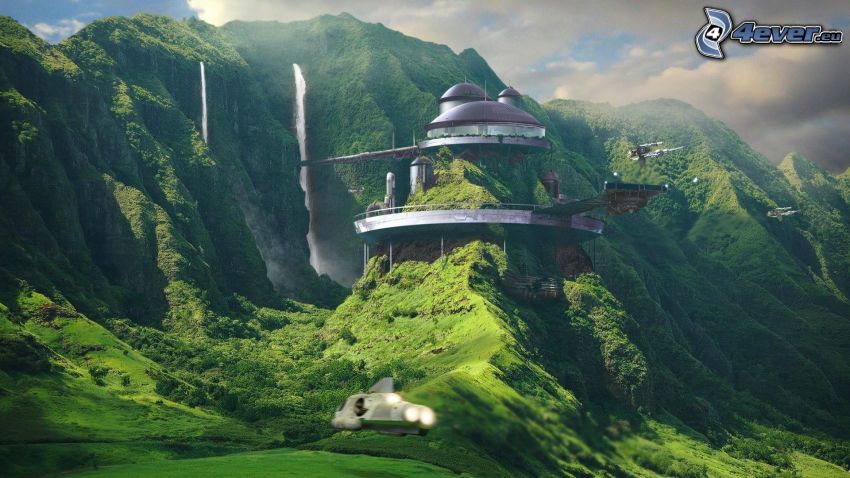 sci-fi landscape, building, high mountains, waterfalls, greenery