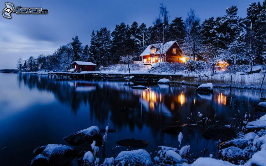 snowy cottage, snowy forest, lake