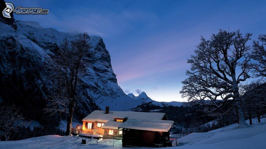 snowy cottage, snowy hill, snowy landscape