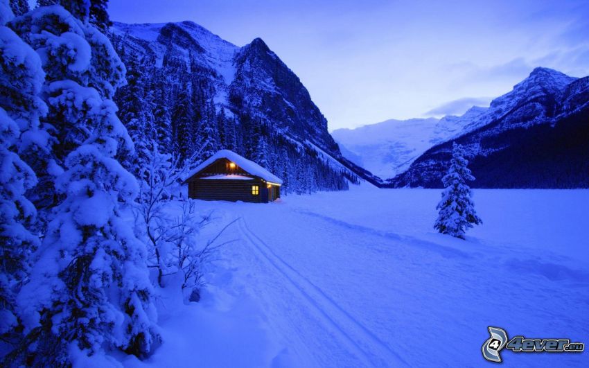 snowy landscape, cottage, snowy mountains