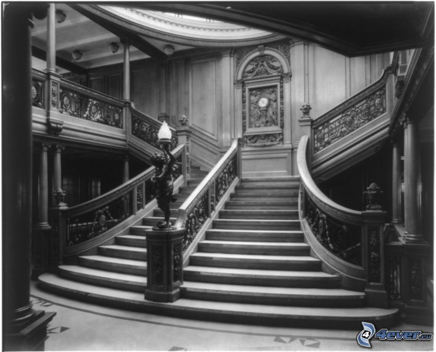 stairs, Titanic, black and white