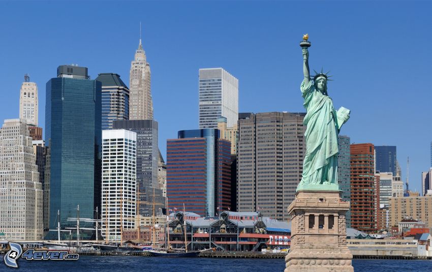 Statue of Liberty, skyscrapers