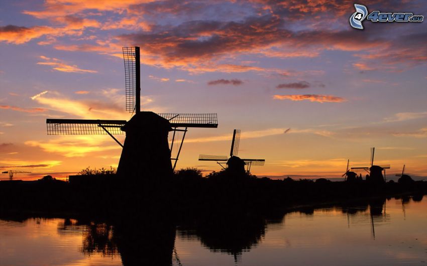 sunset at windmills, silhouette, clouds