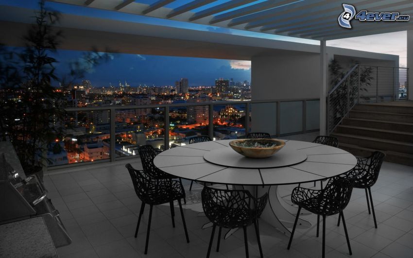 terrace, table, view of the city, evening