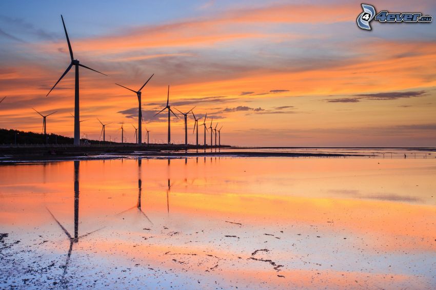 wind power plant, sunset
