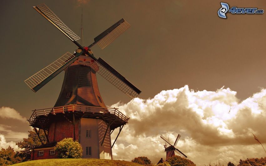 windmill, clouds