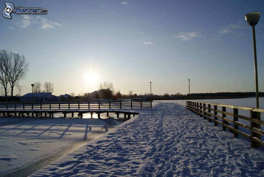 wooden pier, frozen lake, snow