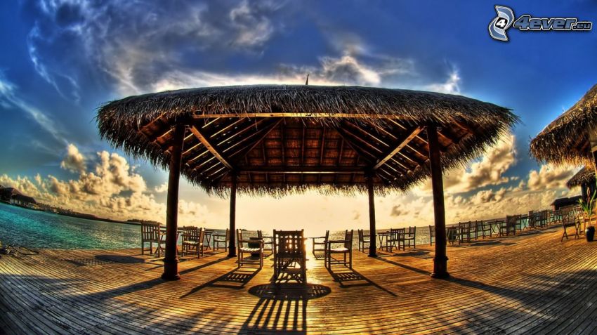 wooden pier, gazebo, sunset, sea, HDR