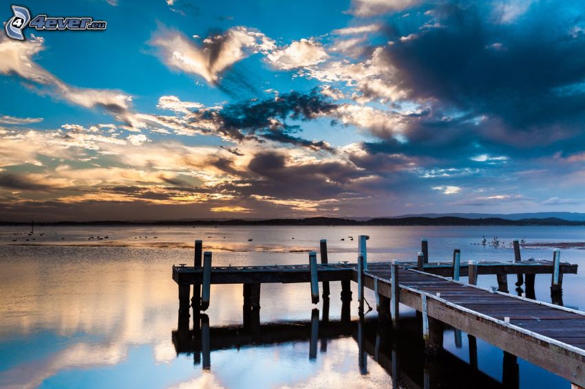 wooden pier, lake, clouds