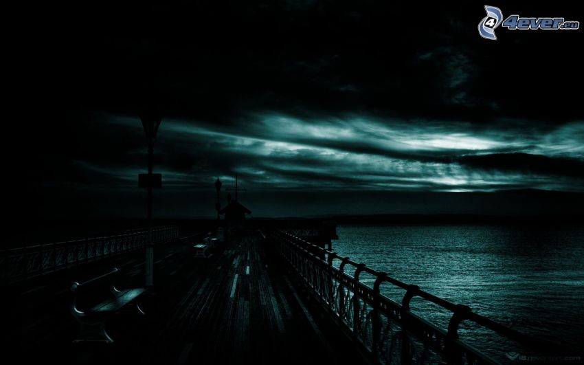 wooden pier, night, clouds