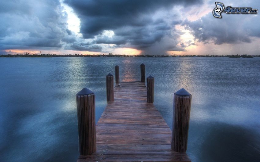 wooden pier, sea, clouds