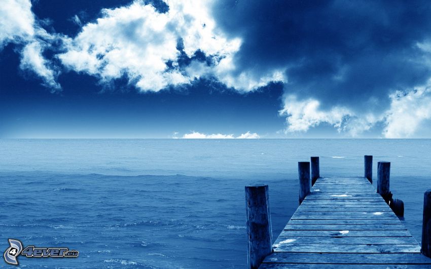 wooden pier, sea, clouds