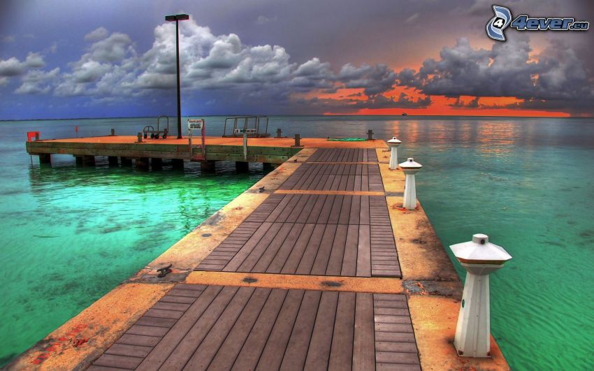 wooden pier, sea, clouds