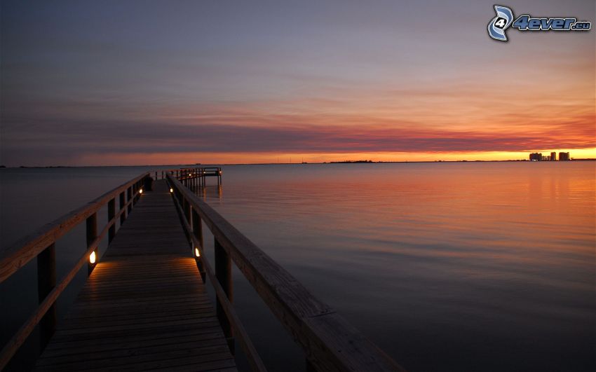 wooden pier, sea, evening sky