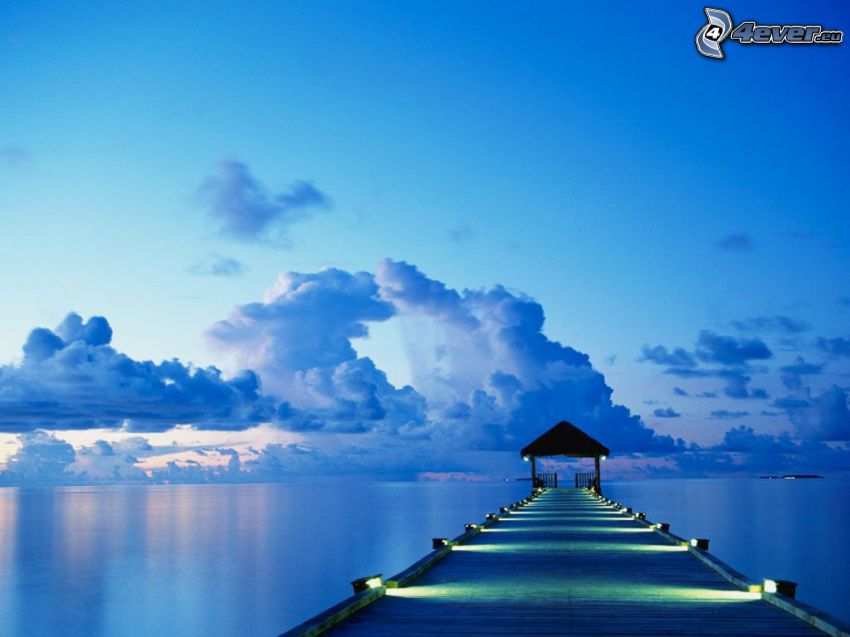 wooden pier, sea, ocean, clouds