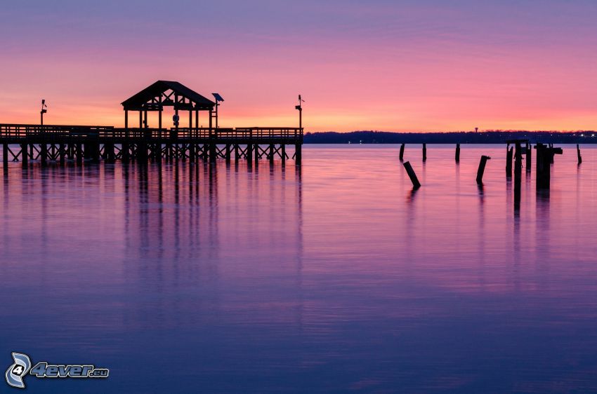 wooden pier, sea, purple sky