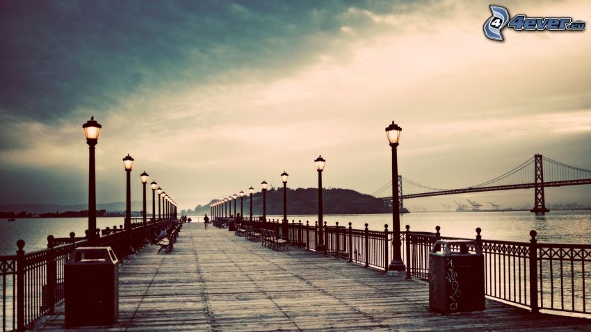 wooden pier, sky, Bay Bridge, street lamp