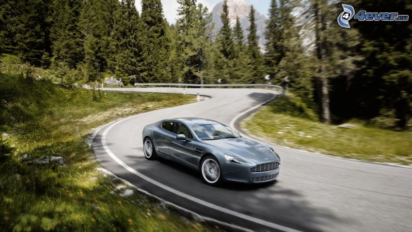 Aston Martin Rapide, road through forest, hairpin turn